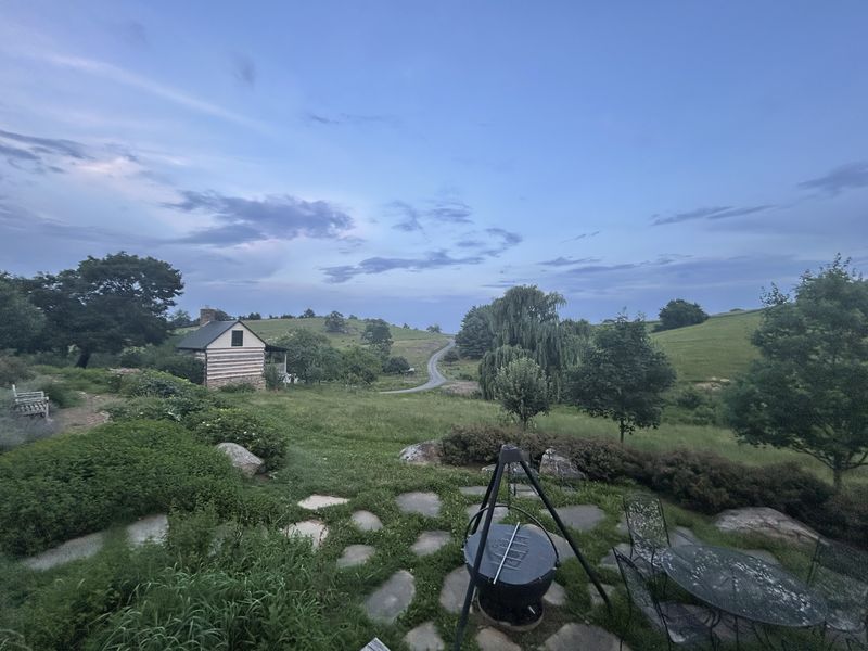 Rolling green pasture under a pale evening sky, with a small log cabin,
                  a willow, scattered trees and a gravel track running away over the hill.